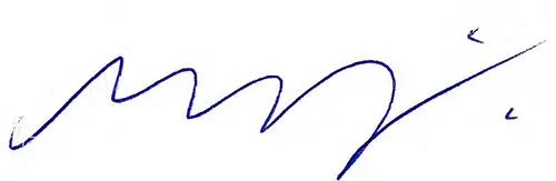 A stylized blue ink signature on a white background.